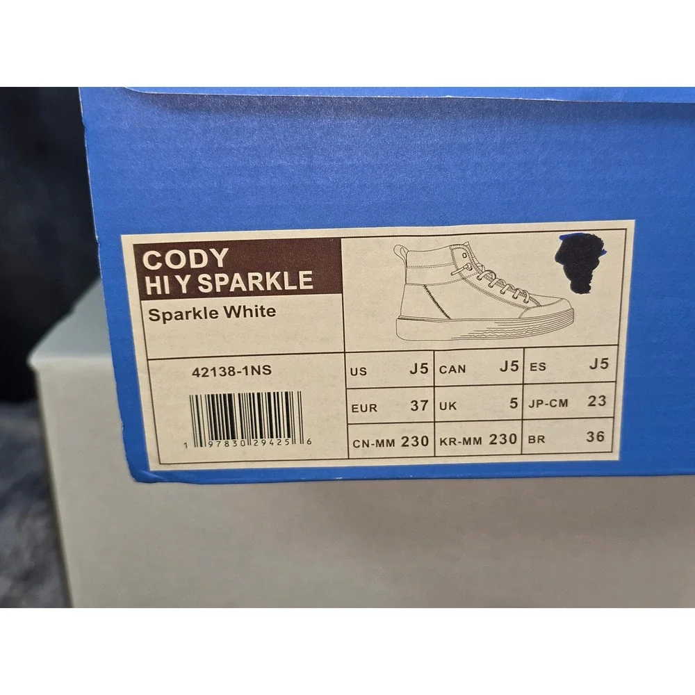 NWB Hey Dude Cody Hi Sparkle White Glitter High Top Sneakers youth Size 5